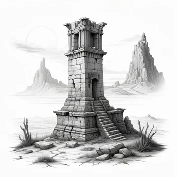 0-a_line_drawing_tattoo_of_an_ancient_ruin_with_a_tower_at_dawn_on_white_plain_background.webp