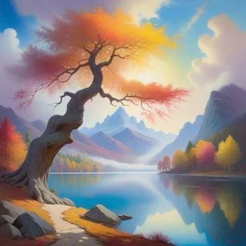 2737117234-pastel_fauvism_painting,_perspective_shot,_front_view_light_misty_lake_with_gigantic_arabesque_tree_emerging_in_the_middle.webp