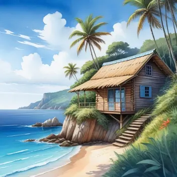49576313-watercolor_painting,_wooden_cabin_with_a_straw_roof_on_a_cliff,_coastal_view,_contemporary,_high_contrast,_cell_shading,_strong.webp